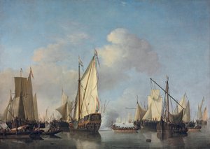 非常に軽い空気の中のアメリカのヨットと他の船 作： Willem van de Velde the Younger